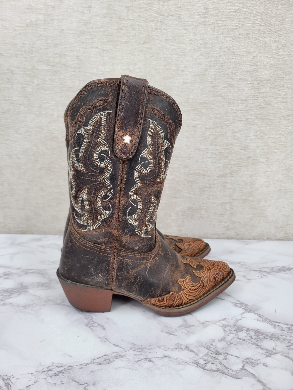 Tony Lama Kids Brown Tooled Leather Cowboy Boots with Embroidered Shaft
